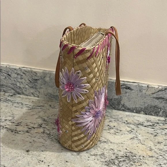 Floral Woven Tote Bag - Tan and Pink - Picture 7 of 11